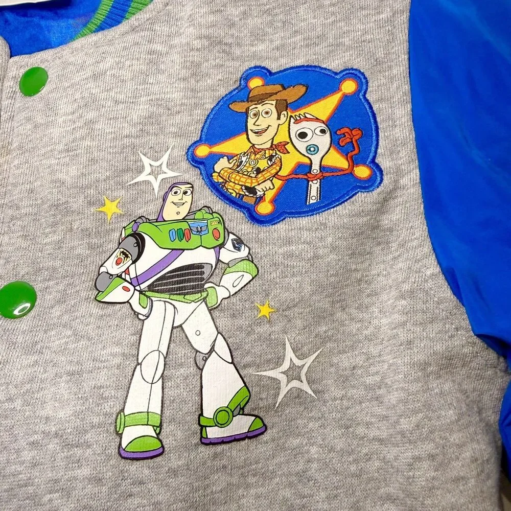 Disney Toy Story 4 Boys Size 5/6 Varsity Jacket Woody Buzz Forky Blue Green Gray